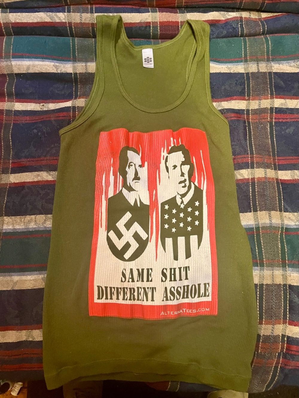 American Apparel Olive Green Tank with Red and White Graphic